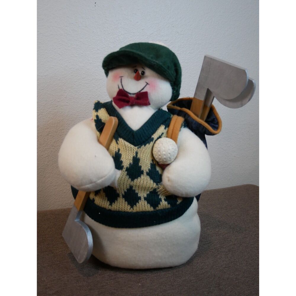 Golfing Snowman Plush Doll Green Argyle Sweater Golf Clubs 15 Inch